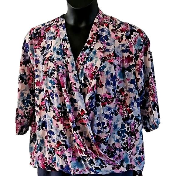 Lark & Ro Women’s Floral 3/4 Sleeve Faux Wrap Blouse - Size Large - Draped Front - Picture 8 of 8